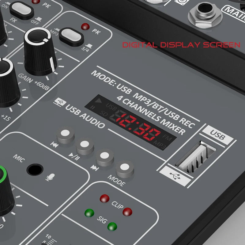 4-Channel USB Audio Mixer with Bluetooth & Phantom Power