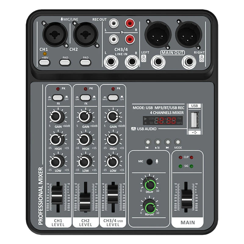 4-Channel USB Audio Mixer with Bluetooth & Phantom Power