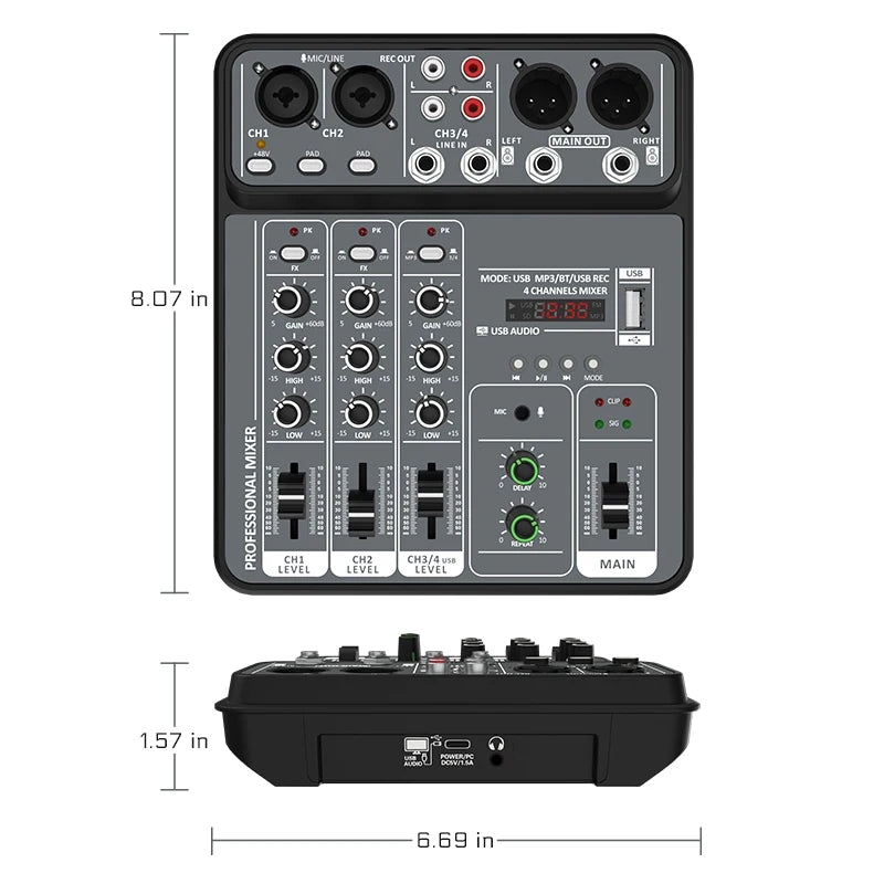 4-Channel USB Audio Mixer with Bluetooth & Phantom Power