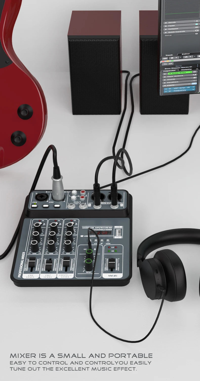 4-Channel USB Audio Mixer with Bluetooth & Phantom Power