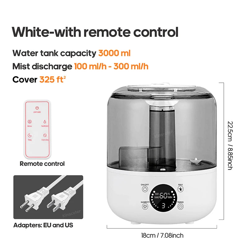 KINSCOTER 3L Large Air Humidifier with Remote & Timer