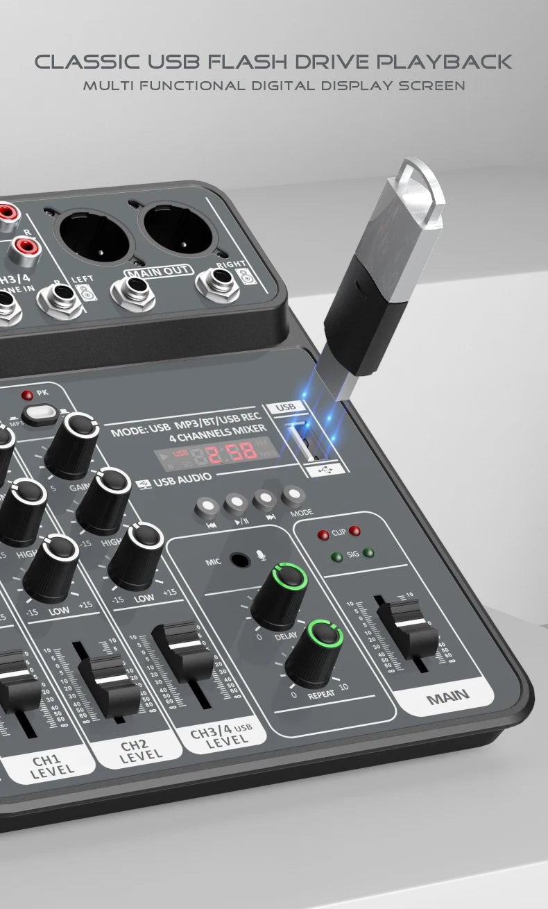 4-Channel USB Audio Mixer with Bluetooth & Phantom Power