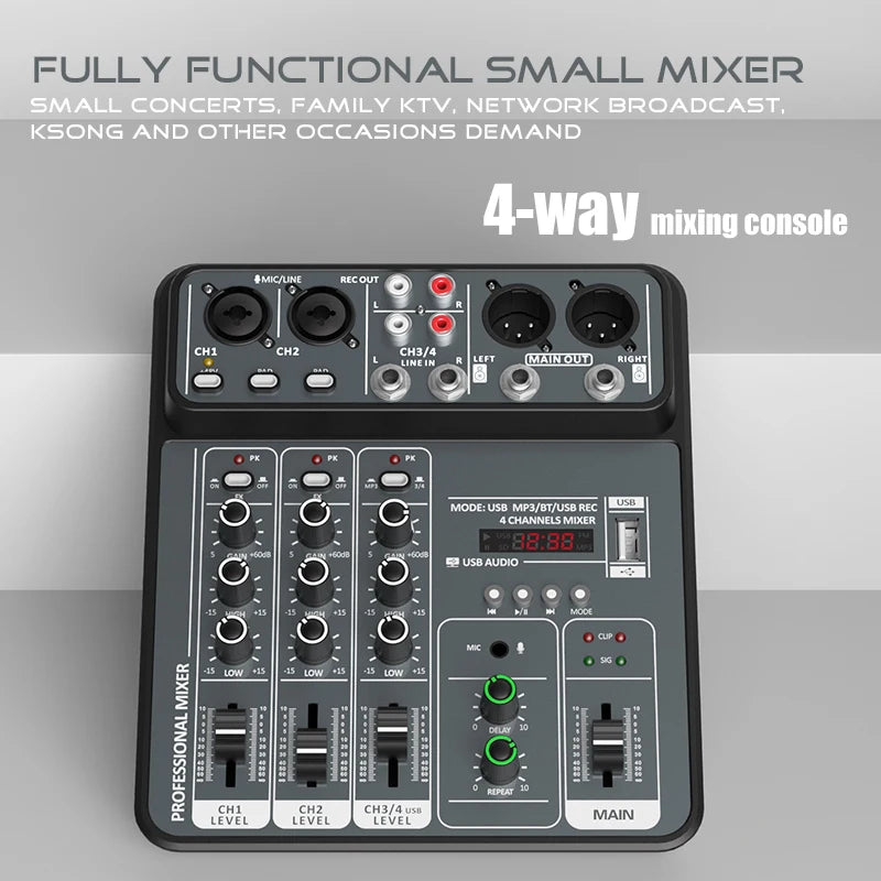 4-Channel USB Audio Mixer with Bluetooth & Phantom Power