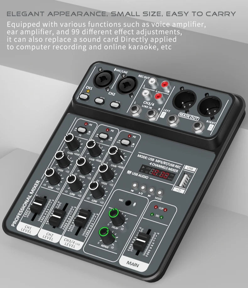 4-Channel USB Audio Mixer with Bluetooth & Phantom Power