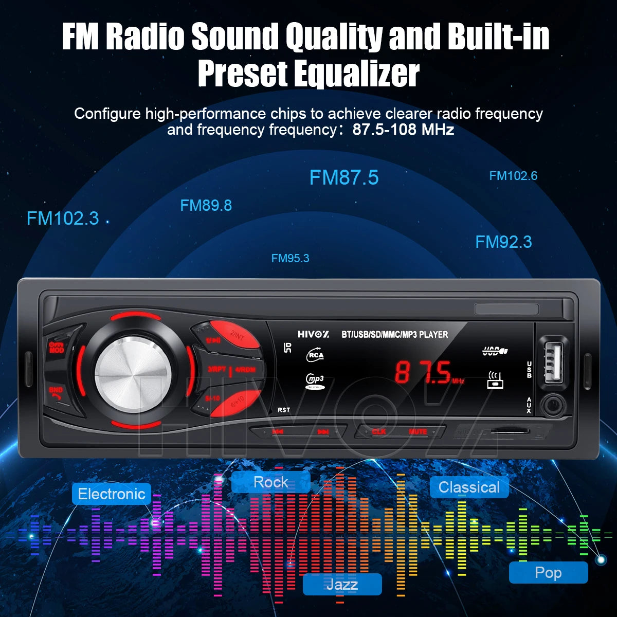π HIVOZ Bluetooth Car Stereo β 4x15W FM Radio MP3 Player with Hands-Free Calling