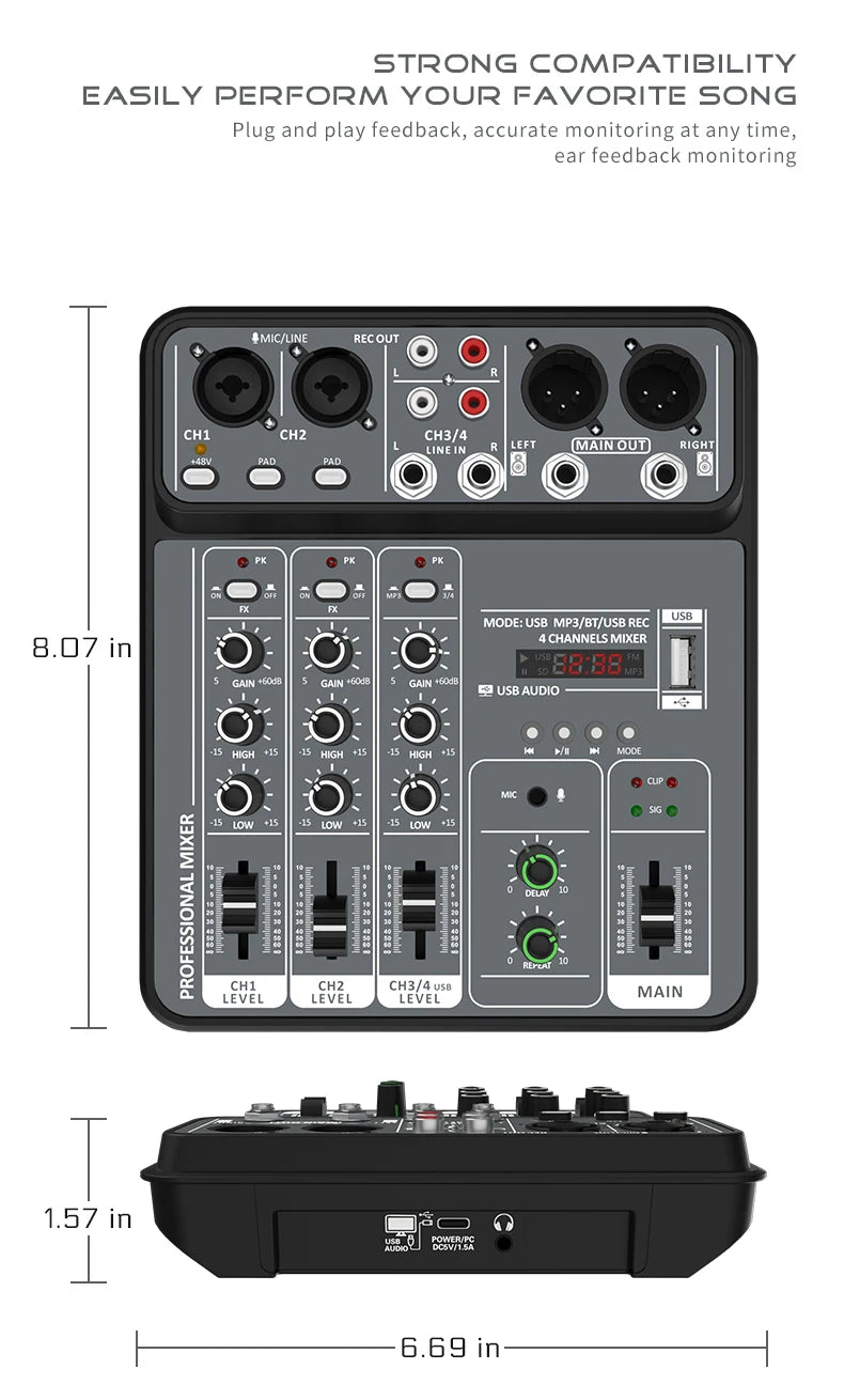 4-Channel USB Audio Mixer with Bluetooth & Phantom Power