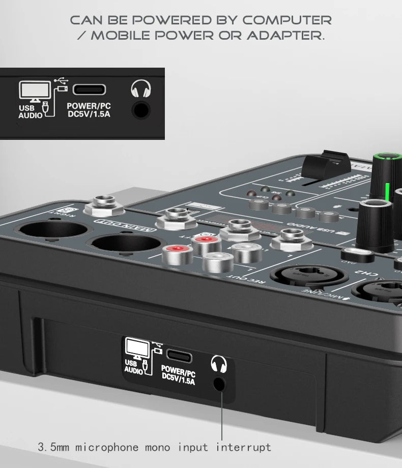 4-Channel USB Audio Mixer with Bluetooth & Phantom Power