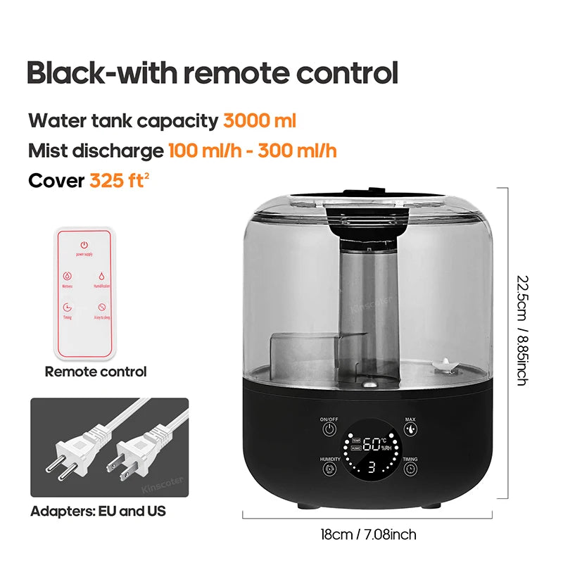 KINSCOTER 3L Large Air Humidifier with Remote & Timer