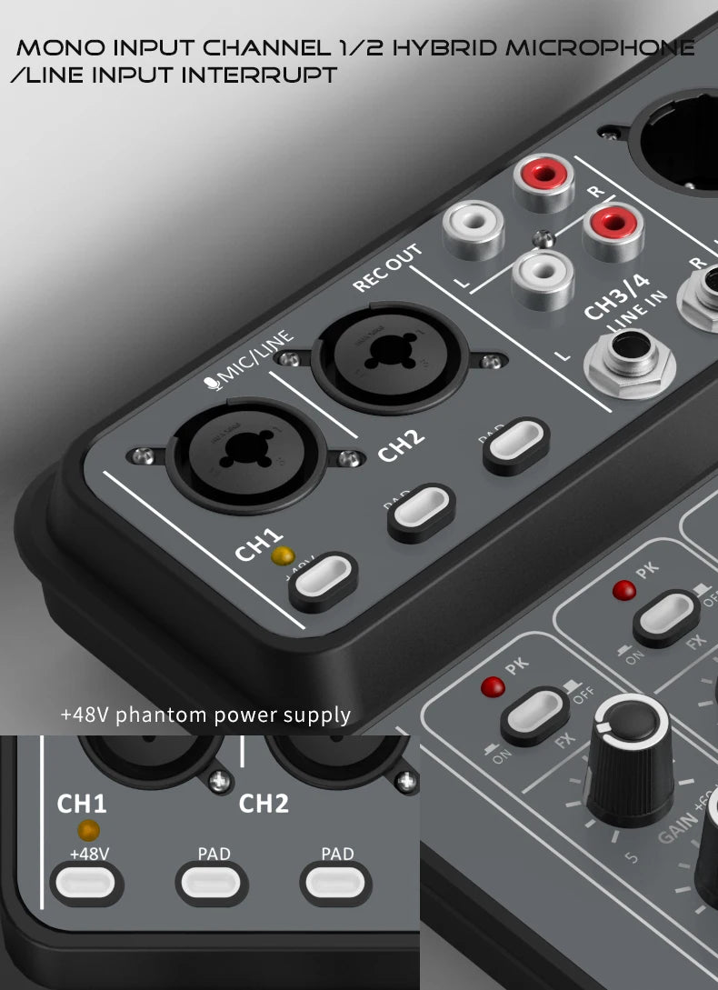 4-Channel USB Audio Mixer with Bluetooth & Phantom Power