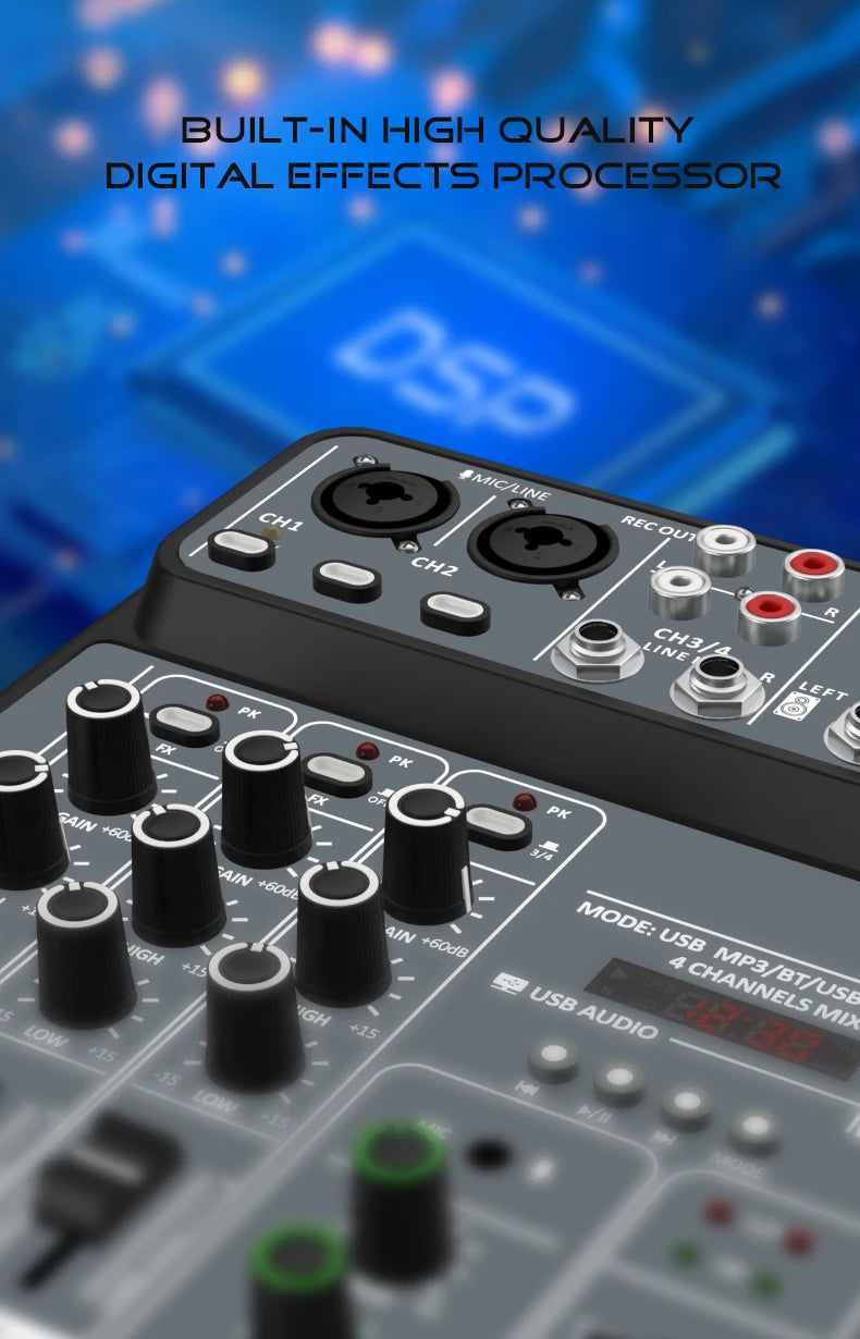 4-Channel USB Audio Mixer with Bluetooth & Phantom Power