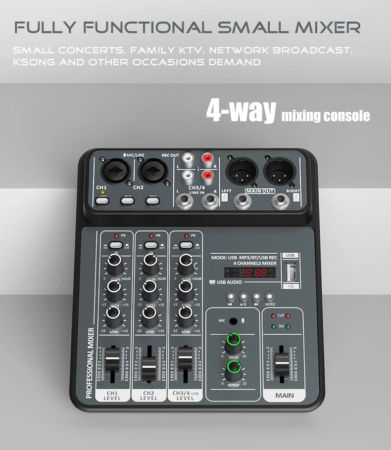 4-Channel USB Audio Mixer with Bluetooth & Phantom Power