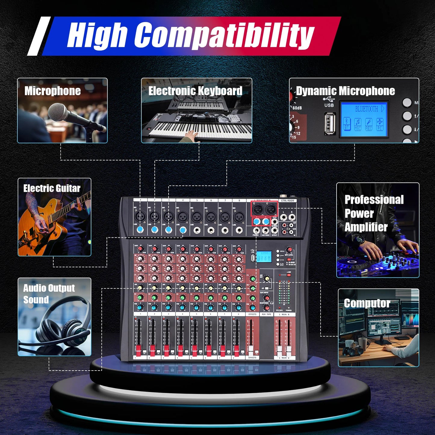 8-Channel Bluetooth Audio Mixer Console