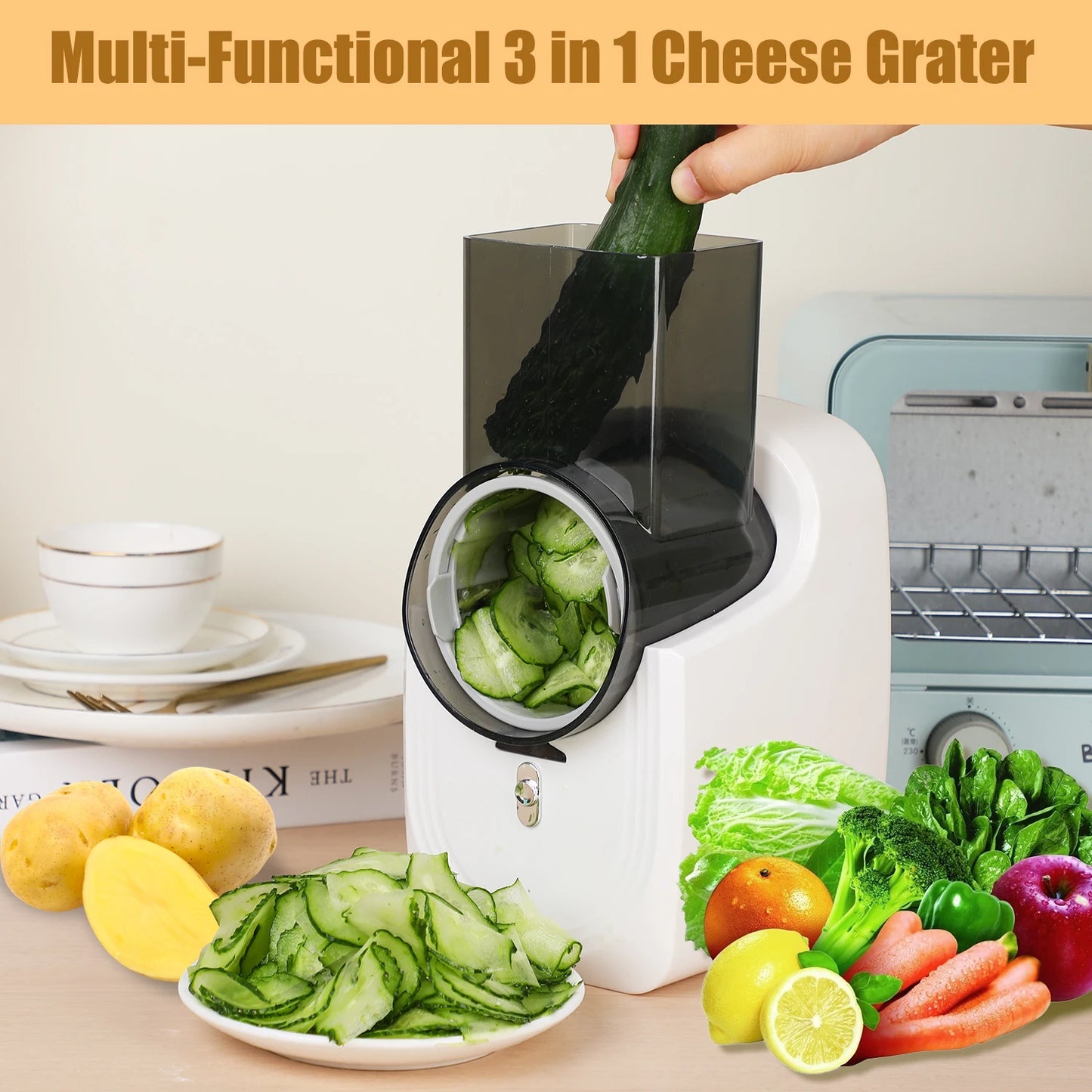 Electric Cheese Grater & Vegetable Slicer – 4-in-1 Salad Maker & Food Processor