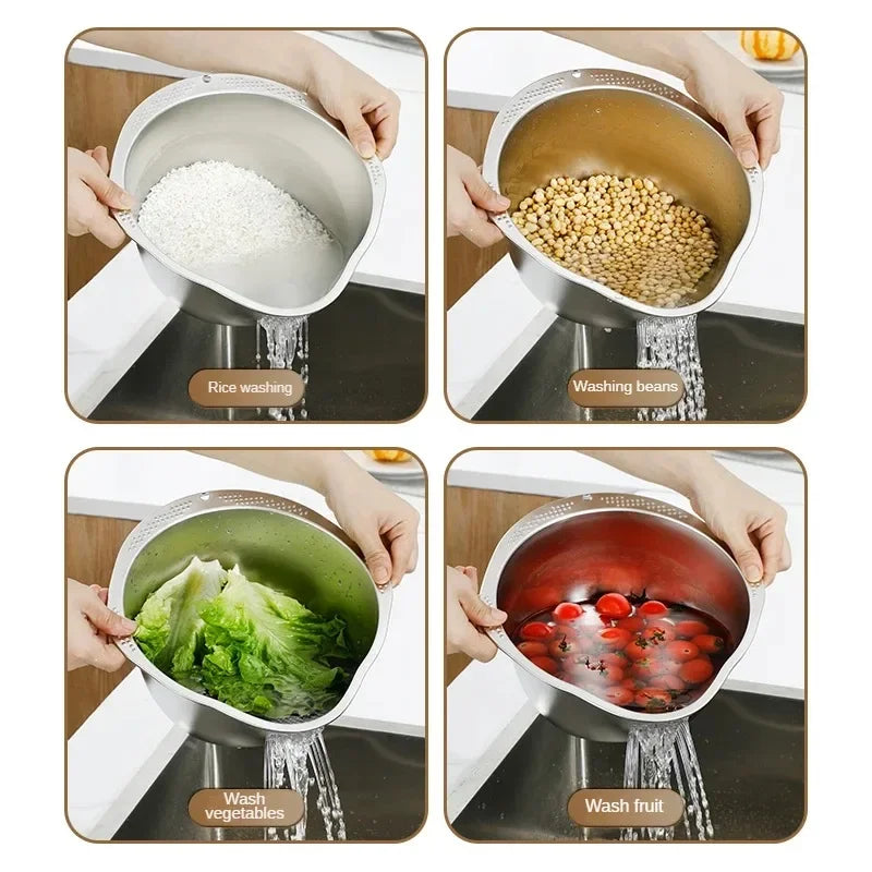 🍚 Rice Washer Strainer Bowl – Stainless Steel 304 Multipurpose Kitchen Tool