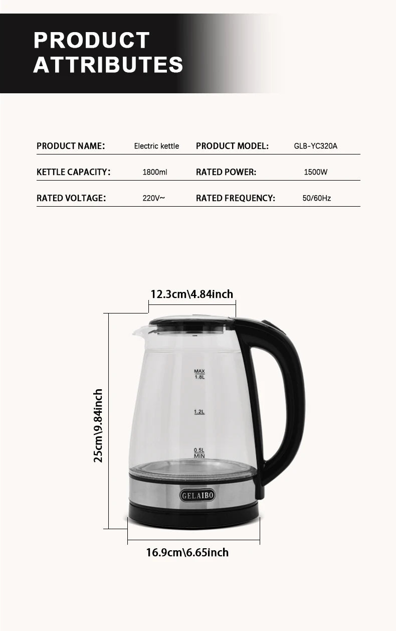1.8L Electric Kettle Stainless Steel Double Layer Glass Health Preserving Pot Electric Water Heater with Blue Led Light Kitchen