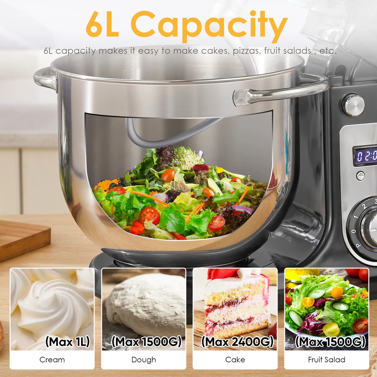 BioloMix 6L Stand Mixer – 1200W, 6-Speed Kitchen Mixer with Whisk, Dough Hook & Blender