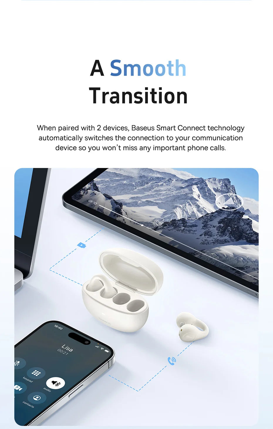Baseus AirGo AS01 Ear Clip Bluetooth 5.3 Wireless Earphones – 2-Mic ENC Noise Reduction Sports Headphones