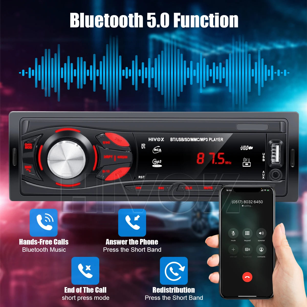 🚗 HIVOZ Bluetooth Car Stereo – 4x15W FM Radio MP3 Player with Hands-Free Calling