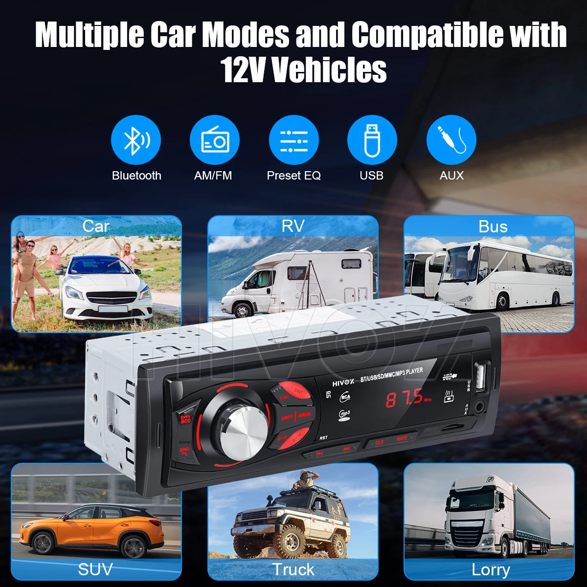🚗 HIVOZ Bluetooth Car Stereo – 4x15W FM Radio MP3 Player with Hands-Free Calling