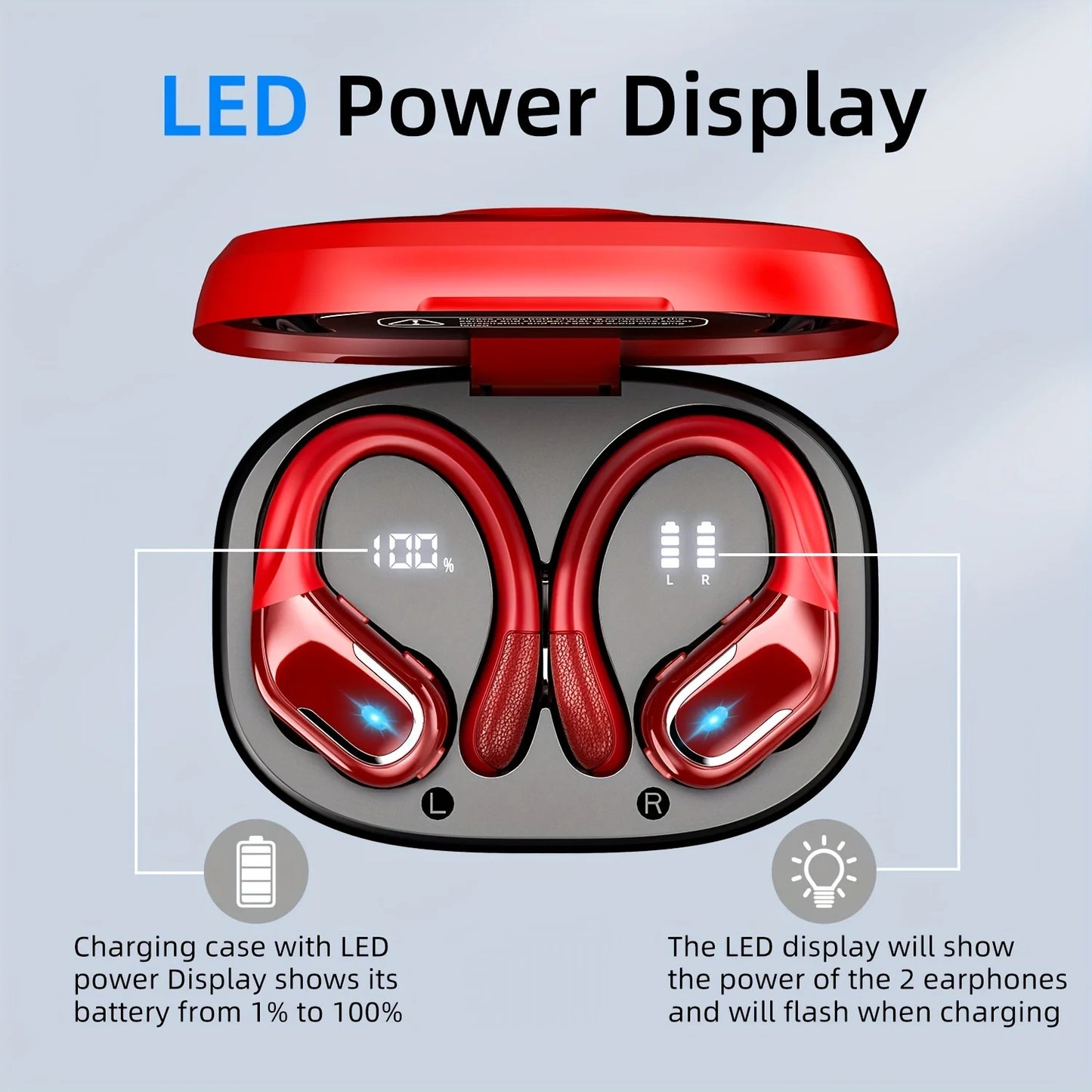 Wireless Earbuds For Running Sports Wireless Earphones With Earhooks, Dual-LED Display,Noise Cancelling Sports Headphones