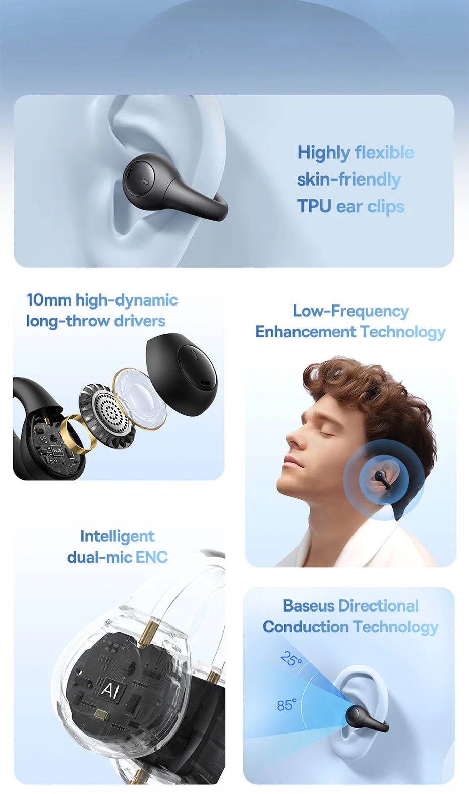 Baseus AirGo AS01 Ear Clip Bluetooth 5.3 Wireless Earphones – 2-Mic ENC Noise Reduction Sports Headphones