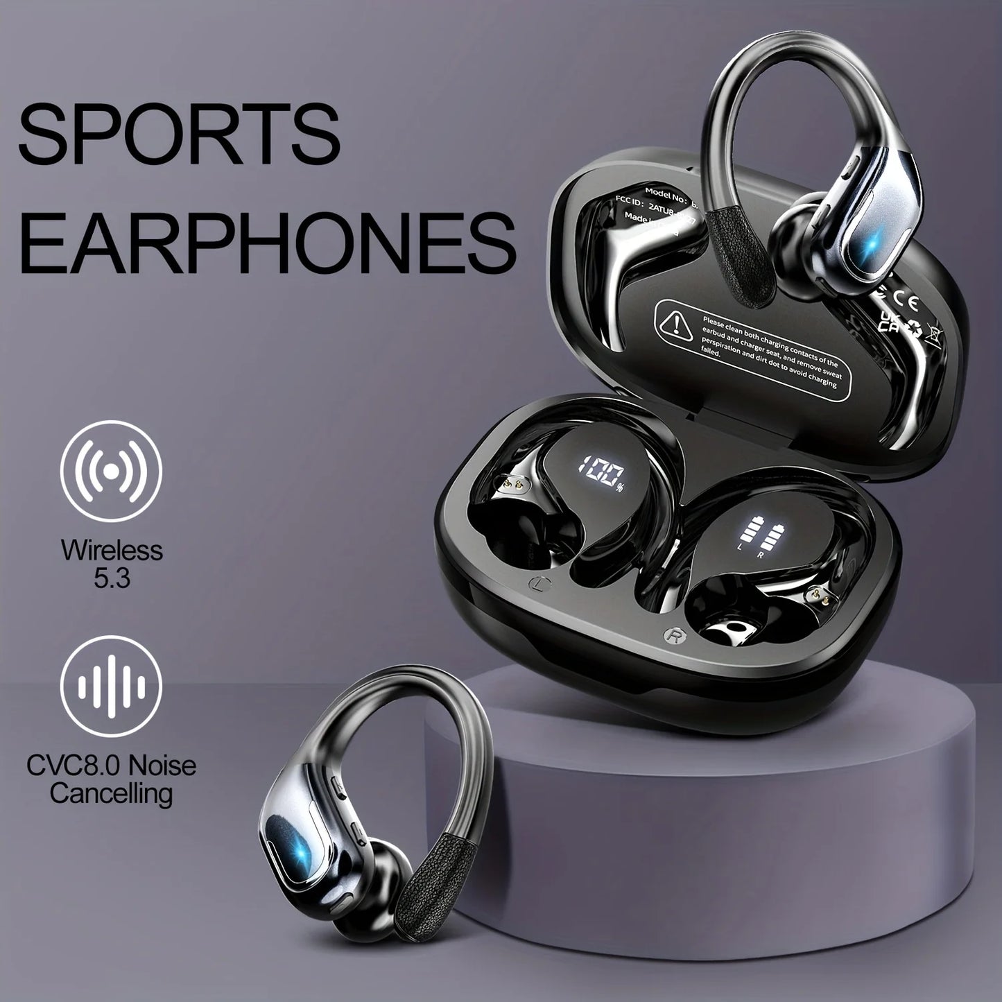 Wireless Earbuds For Running Sports Wireless Earphones With Earhooks, Dual-LED Display,Noise Cancelling Sports Headphones