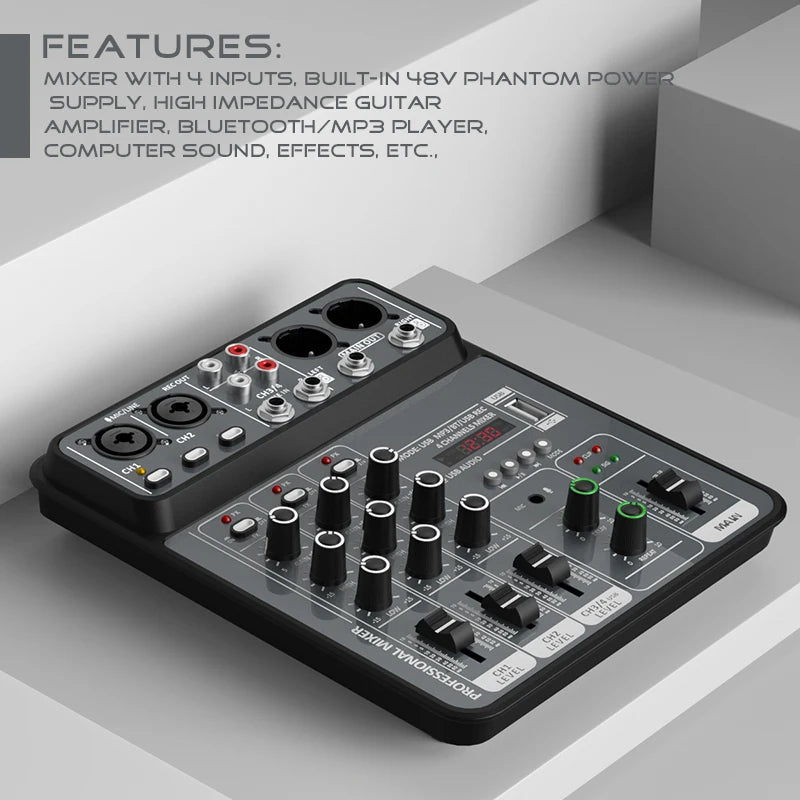 4-Channel USB Audio Mixer with Bluetooth & Phantom Power