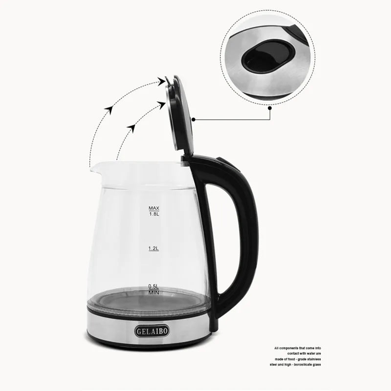 1.8L Electric Kettle Stainless Steel Double Layer Glass Health Preserving Pot Electric Water Heater with Blue Led Light Kitchen