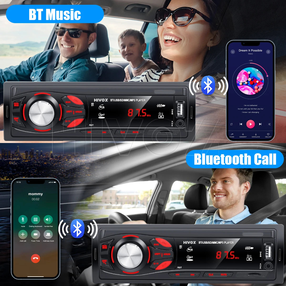 🚗 HIVOZ Bluetooth Car Stereo – 4x15W FM Radio MP3 Player with Hands-Free Calling