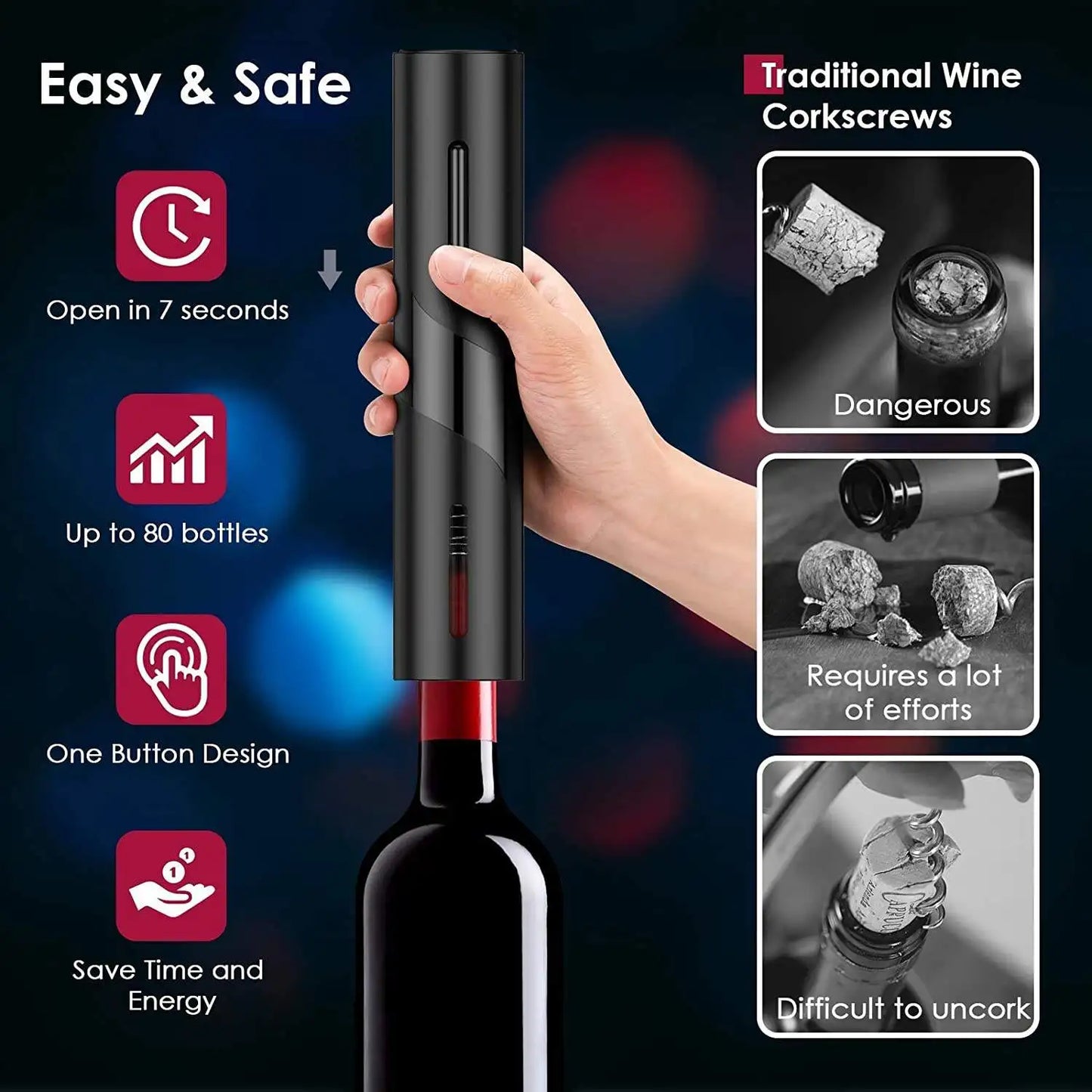 Electric Wine Opener – Automatic Corkscrew with Foil Cutter for Red Wine Bottles