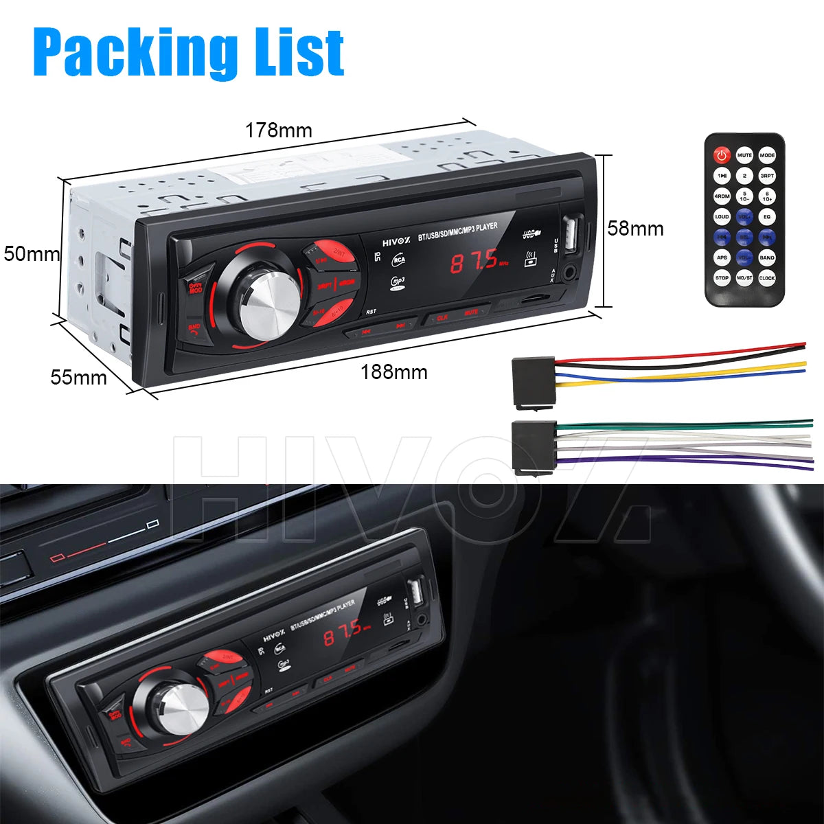 🚗 HIVOZ Bluetooth Car Stereo – 4x15W FM Radio MP3 Player with Hands-Free Calling