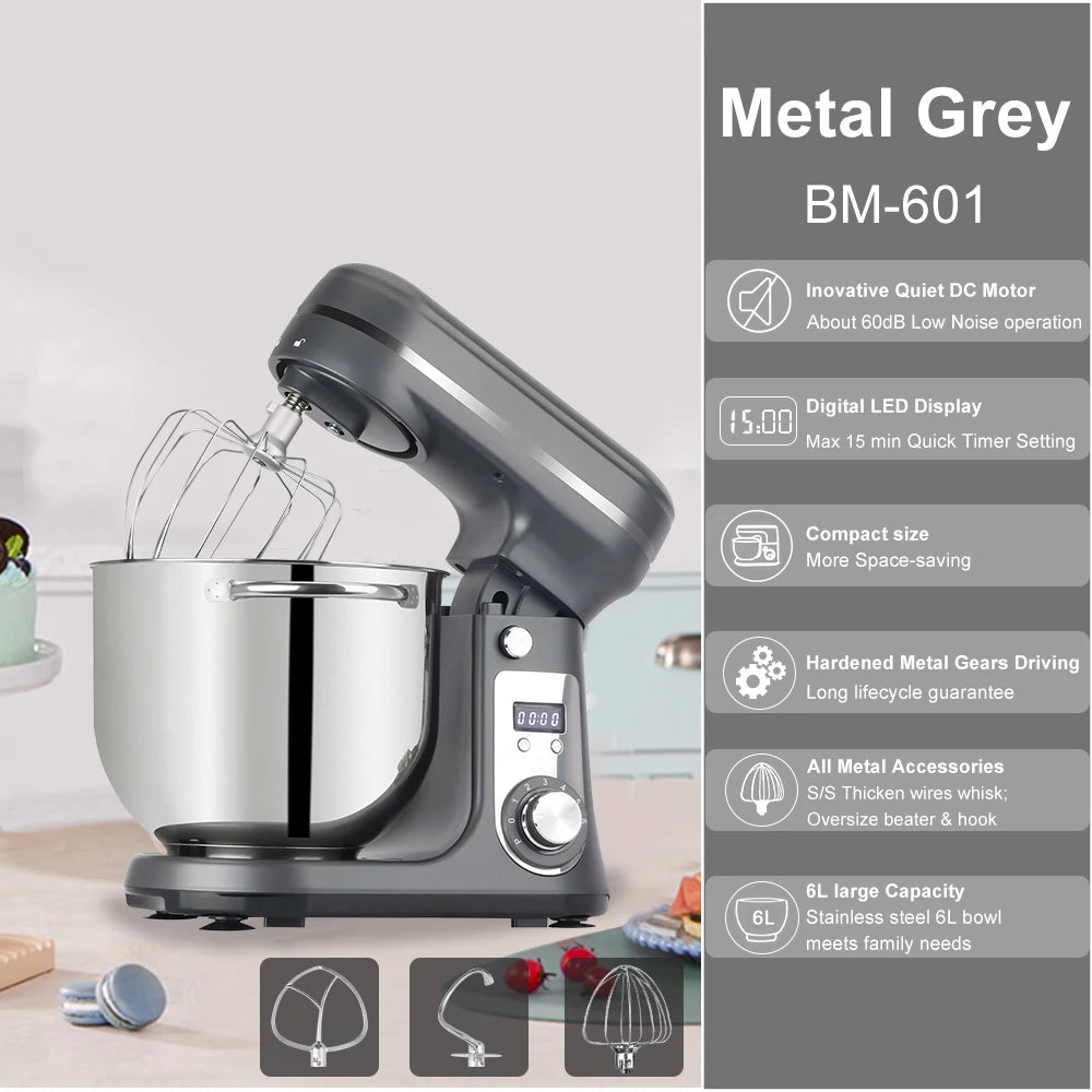 BioloMix 6L Stand Mixer – 1200W, 6-Speed Kitchen Mixer with Whisk, Dough Hook & Blender