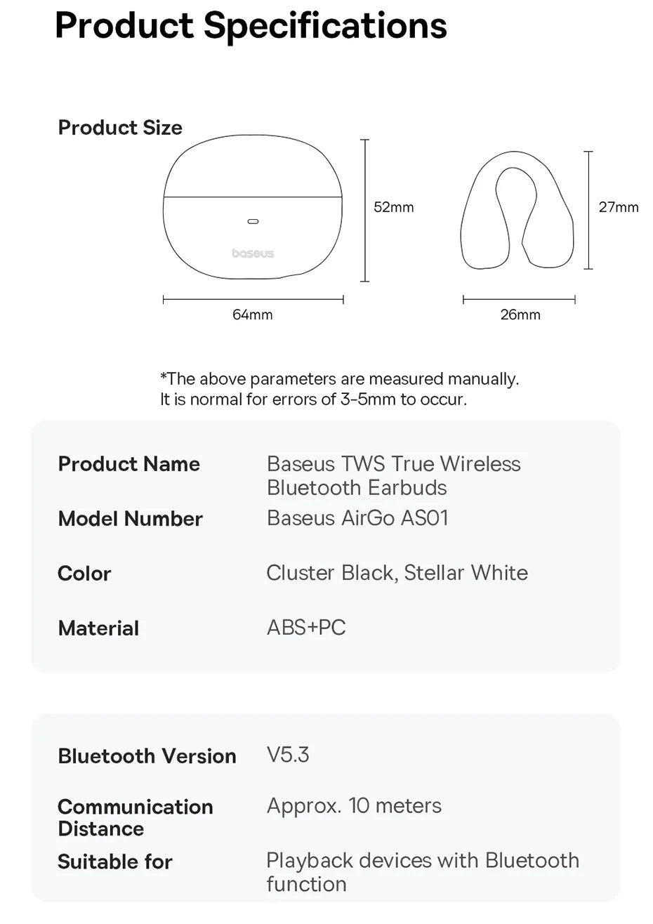 Baseus AirGo AS01 Ear Clip Bluetooth 5.3 Wireless Earphones – 2-Mic ENC Noise Reduction Sports Headphones