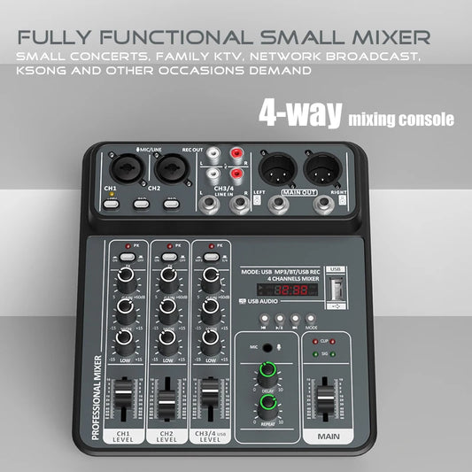4-Channel USB Audio Mixer with Bluetooth & Phantom Power