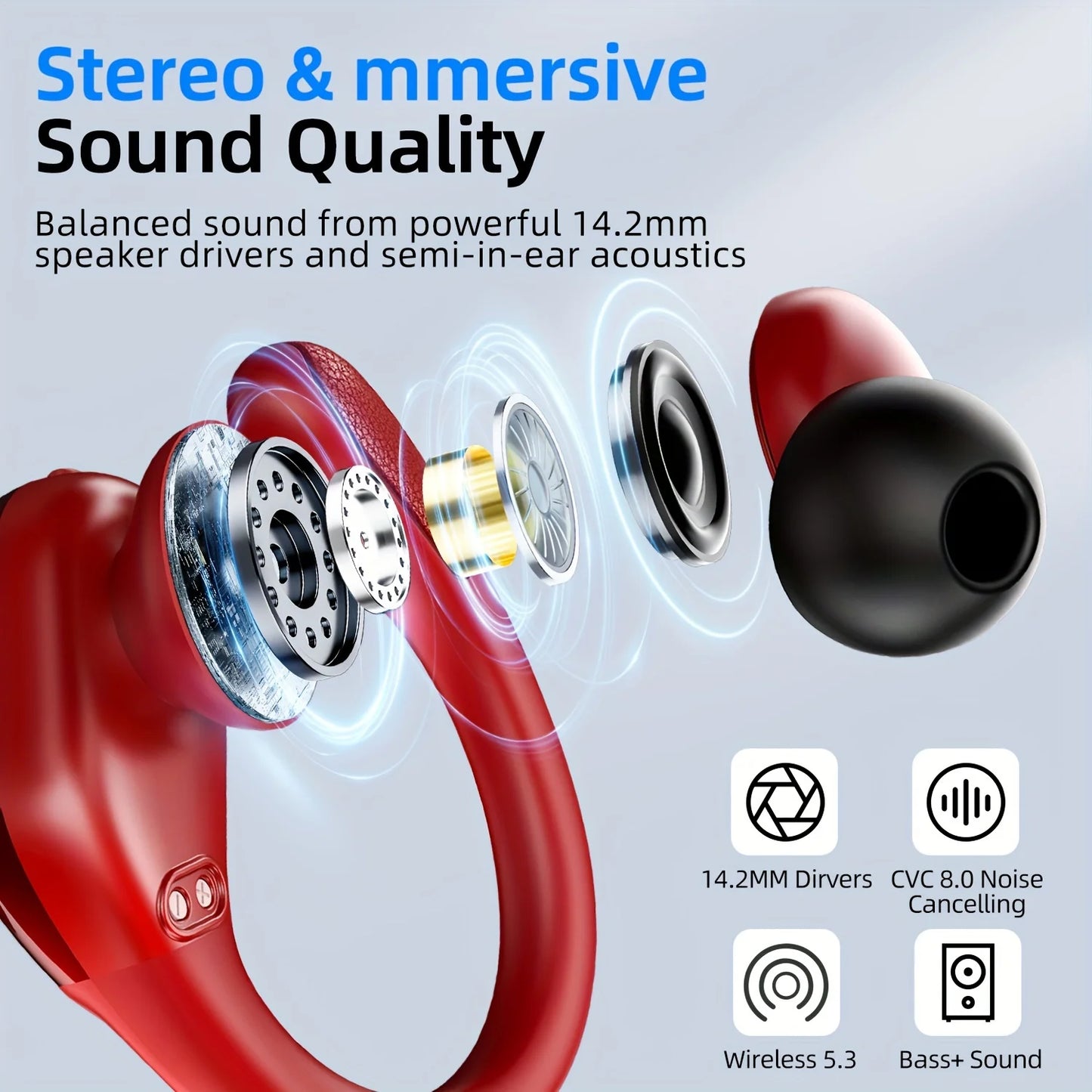 Wireless Earbuds For Running Sports Wireless Earphones With Earhooks, Dual-LED Display,Noise Cancelling Sports Headphones