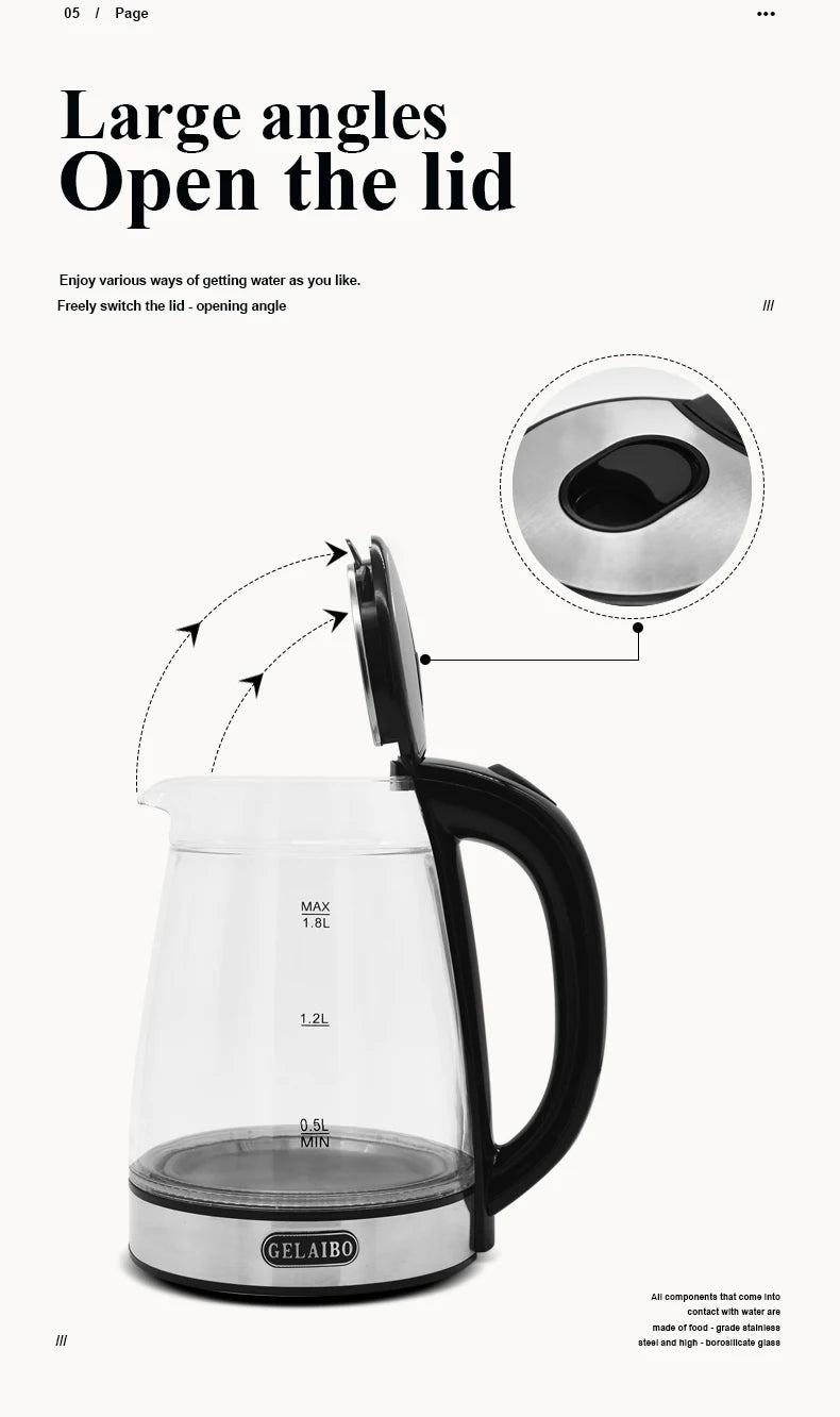 1.8L Electric Kettle Stainless Steel Double Layer Glass Health Preserving Pot Electric Water Heater with Blue Led Light Kitchen