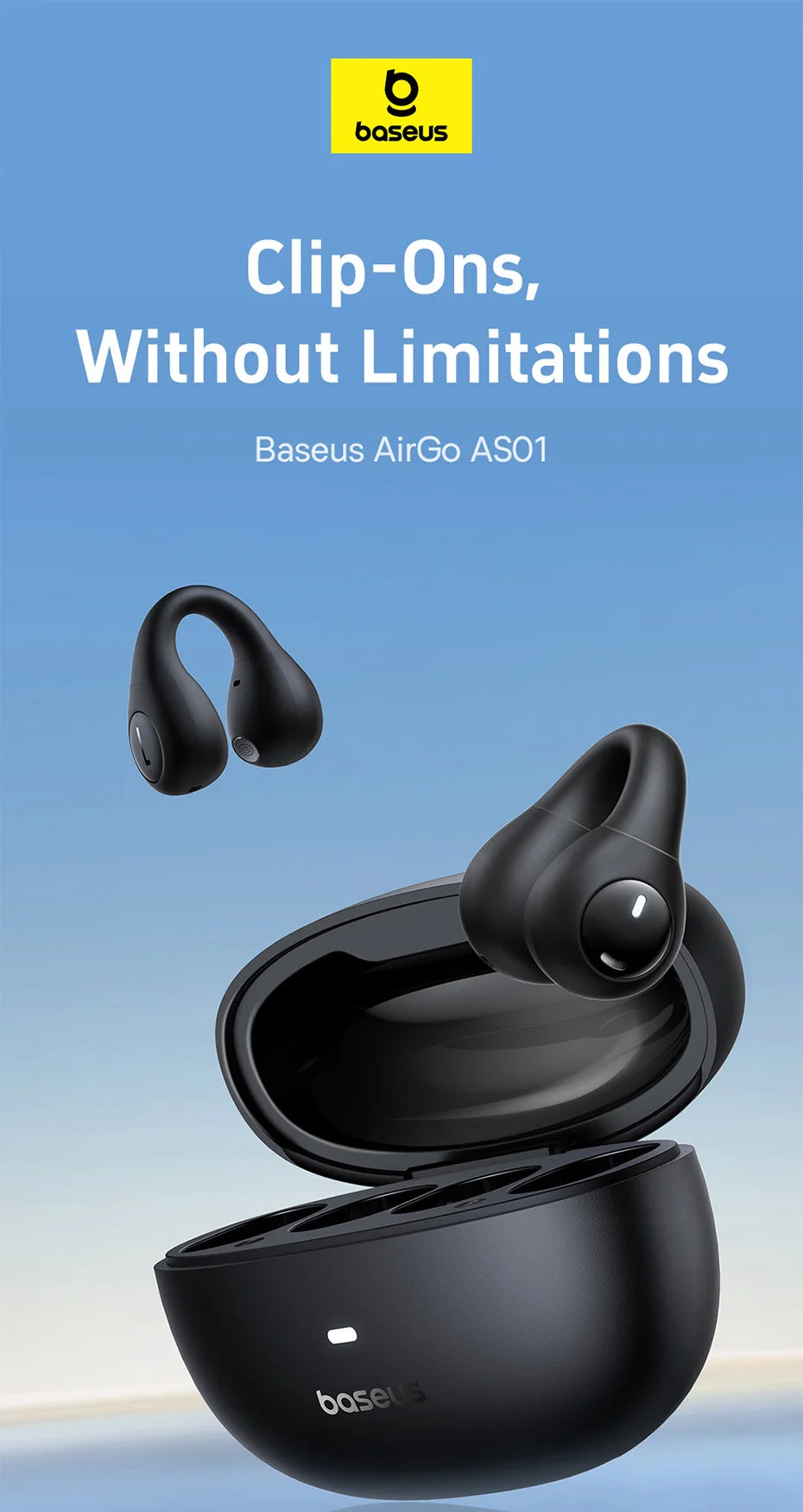 Baseus AirGo AS01 Ear Clip Bluetooth 5.3 Wireless Earphones – 2-Mic ENC Noise Reduction Sports Headphones