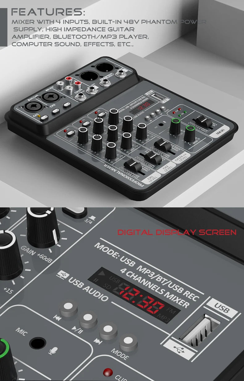 4-Channel USB Audio Mixer with Bluetooth & Phantom Power