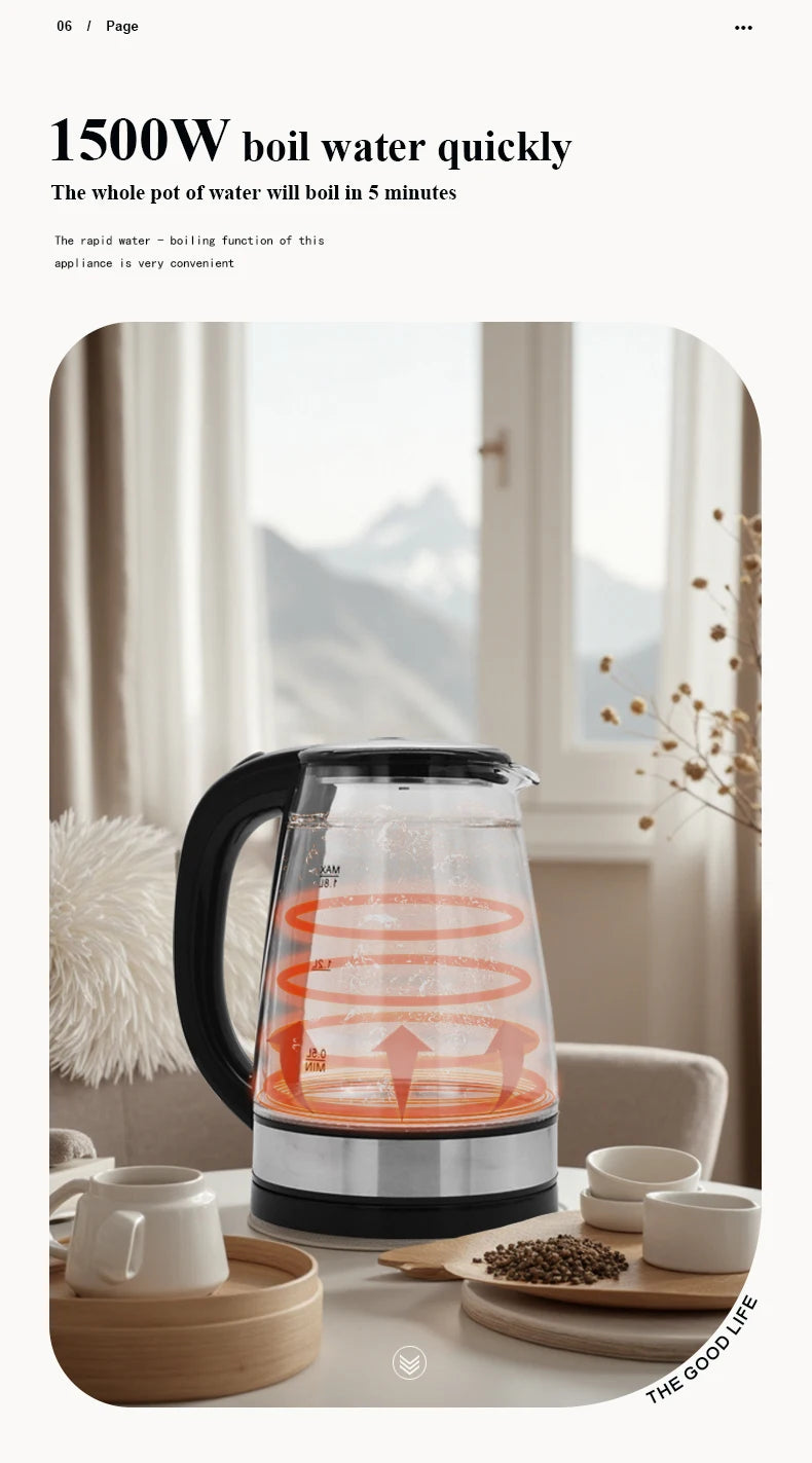 1.8L Electric Kettle Stainless Steel Double Layer Glass Health Preserving Pot Electric Water Heater with Blue Led Light Kitchen