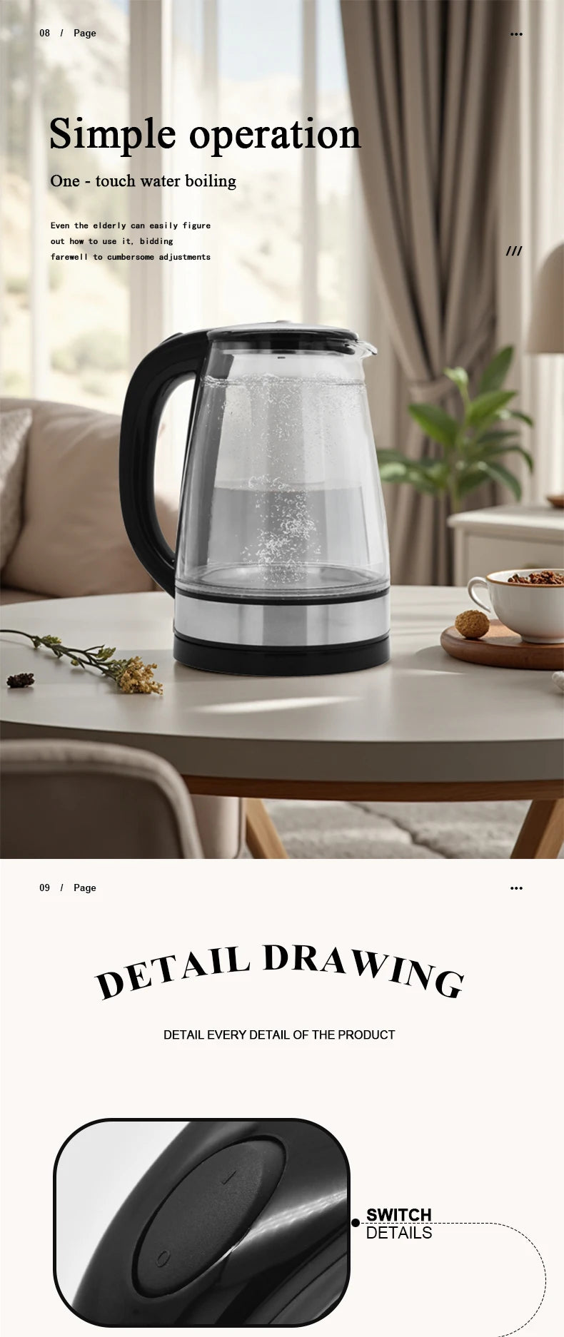 1.8L Electric Kettle Stainless Steel Double Layer Glass Health Preserving Pot Electric Water Heater with Blue Led Light Kitchen