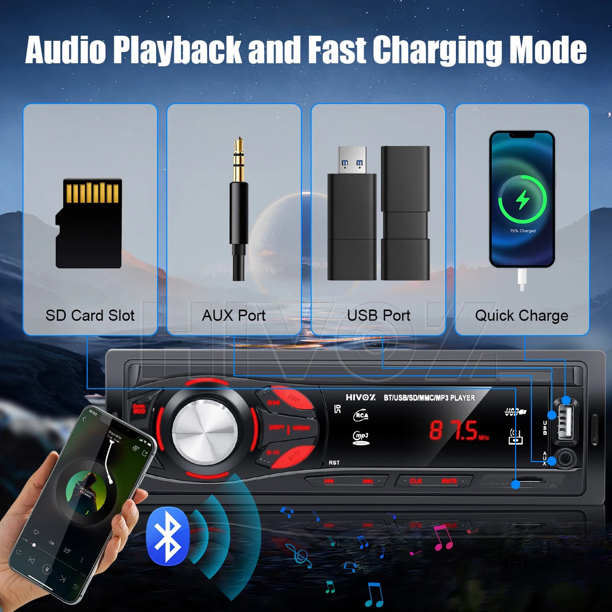 🚗 HIVOZ Bluetooth Car Stereo – 4x15W FM Radio MP3 Player with Hands-Free Calling