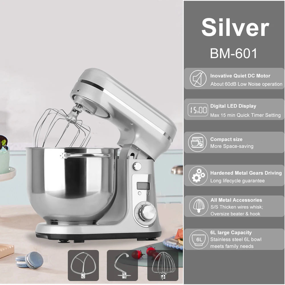 BioloMix 6L Stand Mixer – 1200W, 6-Speed Kitchen Mixer with Whisk, Dough Hook & Blender