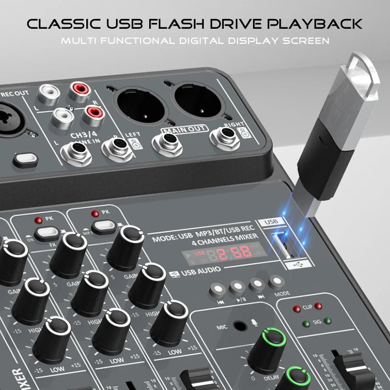 4-Channel USB Audio Mixer with Bluetooth & Phantom Power