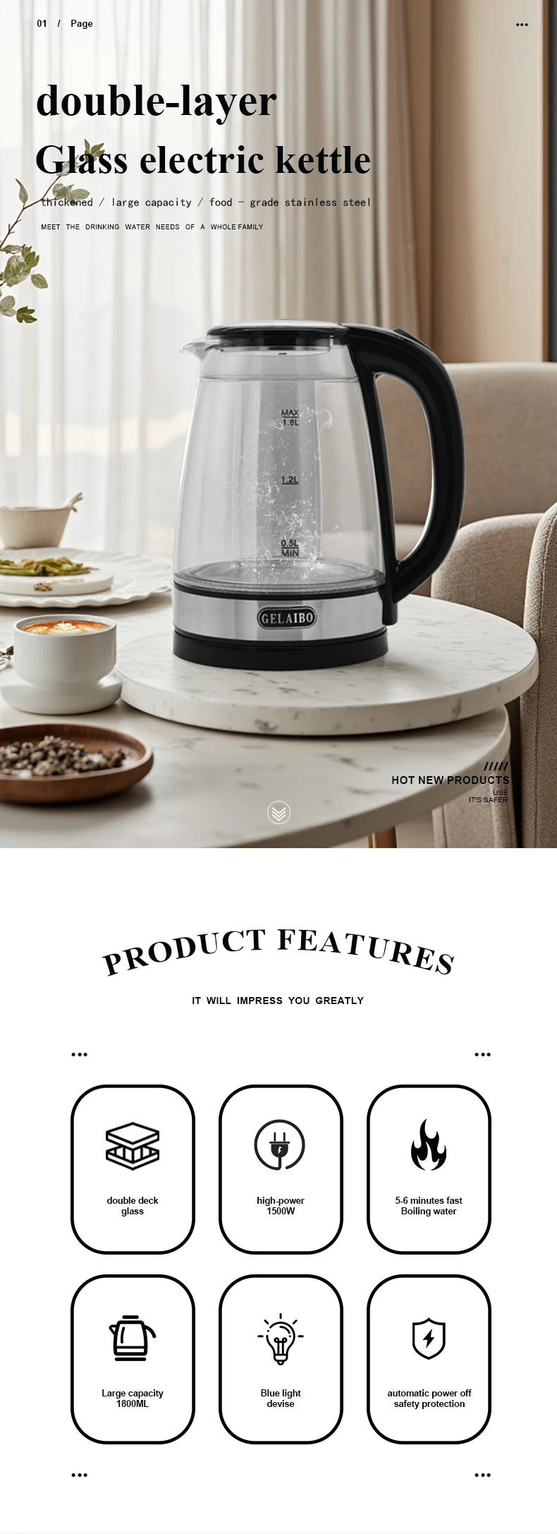 1.8L Electric Kettle Stainless Steel Double Layer Glass Health Preserving Pot Electric Water Heater with Blue Led Light Kitchen
