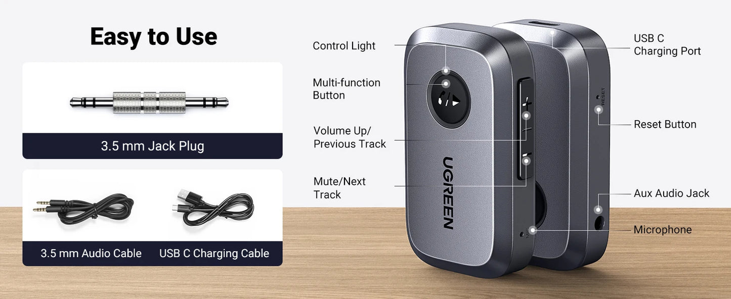 🎧 UGREEN Bluetooth Audio Receiver – Wireless Car Adapter with 3.5mm Jack & Mic